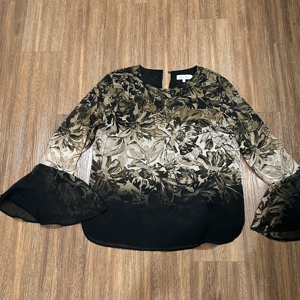 Calvin Klein Collection Black and Tan Floral Blouse